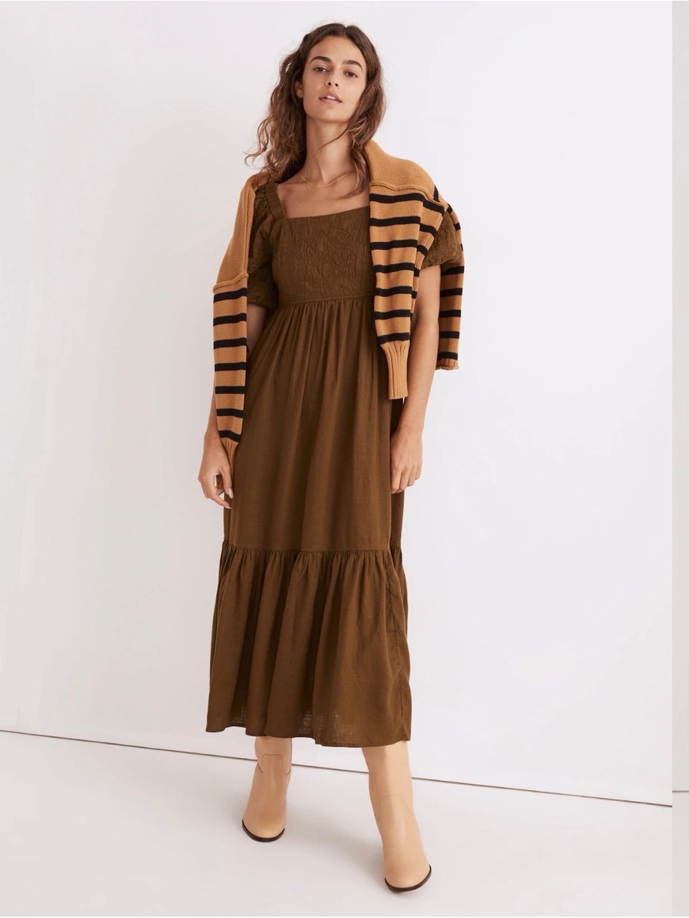NWT Madewell Quilted Leaf Tiered Midi Dress Golden Spinach Olive Green 14